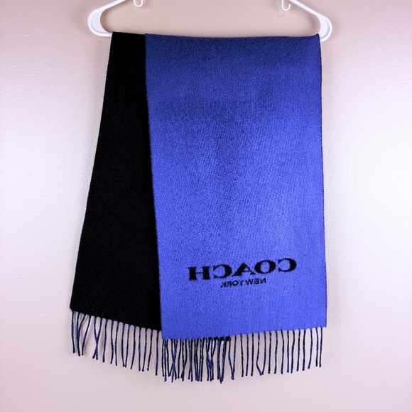 Coach Wool-Cashmere Logo Scarf Navy/Blue Reversible - Picture 1 of 8